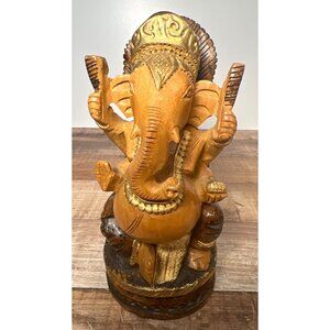 Hand-Carved Wooden Lord Ganesha Statue Intricate Detailing Hindu God Figurine